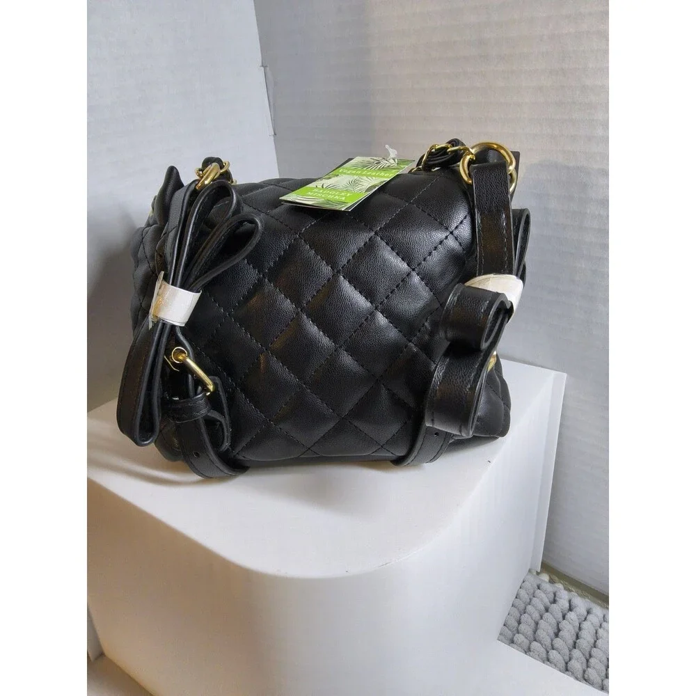 Badgley Mischka Black Quilted Micro Mini Backpack Vegan Leather Dual Straps Adj